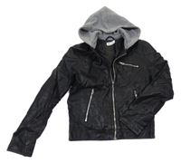 Černá koženková podšitá bunda s teplákovou kapucí H&M