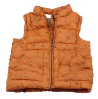 Oranžová šušťáková zateplená vesta s autami sfera