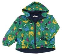 Zeleno-farebná šušťáková jarná bunda s dinosaurami a kapucňou