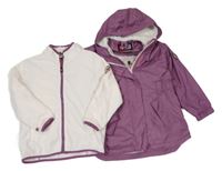 2 set - fialová šusťáková podzimní parka s kapucí + bílá fleecová propínací mikina 
