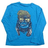 Modrozelené tričko s gorilou so sluchátky Tu