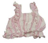 Bielo-ružový pruhovaný crop top s volánikmi Pep&Co