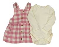 2set - biele rebrované body + ružovo-biele kockované vlnené šaty F&F