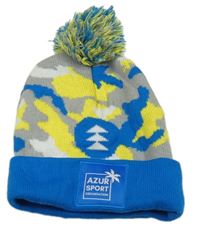 Modro-šedo-bílo-žlutá army čepice s nápisem a bambulí 