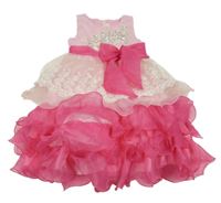 Světlerůžovo-fuchsiové slavnostní šaty s vrstvenou sukní a mašlí 