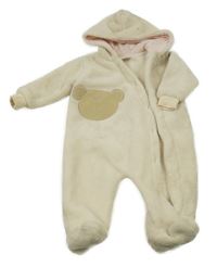 Smotanová plyšová kombinéza s medvedíkom a kapucňou