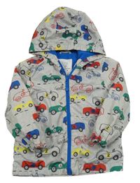 Šedo-barevná šusťáková jarní bunda s auty a kapucí F&F