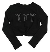 Černé crop triko s mašličkami z kamínků George