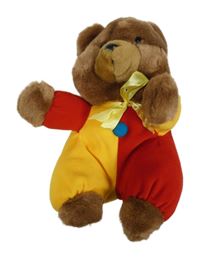 Hnědo-červeno-žlutý plyšový medvídek