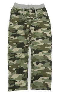 Khaki-béžové army plátěné podšité kalhoty s úpletovým pasem 
