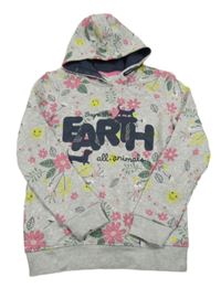 Šedo-barevná květovaná mikina s nápisem a kapucí 