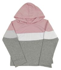 Svetloružová -bielo-sivá crop mikina s kapucňou