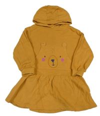 Horčicové teplákové šaty s medvedíkom a kapucňou George