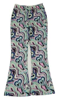 Černo-zelenkavo-růžové vzorované flare kalhoty 