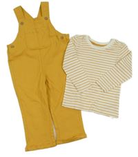 Nové - 2 set - okrové plátěné laclové kalhoty + smetanovo-okrové pruhované triko Primark