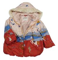 Svetloružová -červeno-modrá šušťáková zimná parka s obrázkami a kapucňou M&S