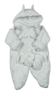 Biela prešívaná šušťáková zimná kombinéza s medvedíkom a kapucňou s oušky + rukavice