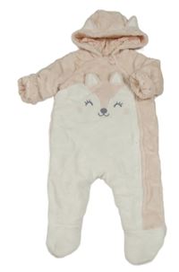 Svetloružová -biela plyšová zateplená kombinéza s čumáčkem a kapucňou s uškami C&A