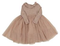 Starorůžové melírované žebrované úpletovo/tylové šaty se třpytkami a volánkem PRIMARK