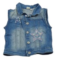 Modrá tepláková rifľová crop vesta s hviezdičkami