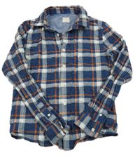 Tmavomodro-bílo-světlemodro-oranžová kostkovaná vzorovaná krepová košile John Lewis