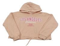 Pudrová oversize crop mikina s nápismi a kapucňou JEFF&CO