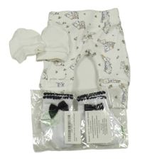 Nové - 4Set - Bílé tepláky s králíčky - Peter Rabbit George + rukavice + 2x - ponožky s mašlí