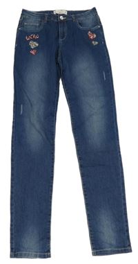 Modré skinny teplákové rifle se srdíčky s kamínky CALLIOPE