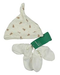 Nové - 3Set - Smetanová čepice s medvídky Tu + 2x - bílé rukavice H&M
