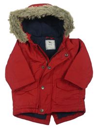 Červená šušťáková zateplená bunda s kapucňou s kožúškom Next