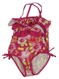 Ružové kvetované jednodielne plavky s volány Matalan