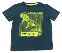 Petrolejové tričko s dinosaurom a nápismi Tu
