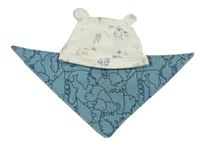 2set- Krémová čepic s obrázky + Modrý slinták s dinosaurami zn. Mothercare