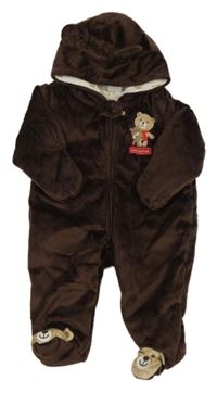 Hnedá chlpatá zateplená kombinéza s medveďmi a kapucňou