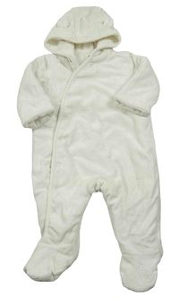 Bílá sametová zateplená kombinéza s medvědy a kapucí C&A