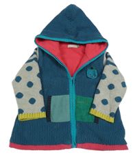 Petrolejovo-šedý zateplený propínací dlouhý svetr s puntíky a kapucí Catimini