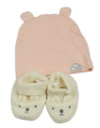 2set - Růžová bavlněná čepice s mrakem + krémové pletené capáčky s čumákem vel. 16