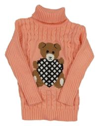 Marhuľový vzorovaný dlhý sveter s medvěďom a rolákom