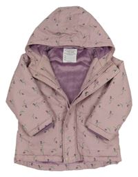 Lila květovaná šusťáková zateplená bunda s kapucí Primark