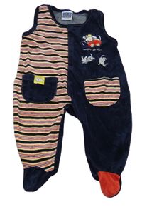 Tmavomodro-žluto-červené pruhované sametové dupačky Topolino