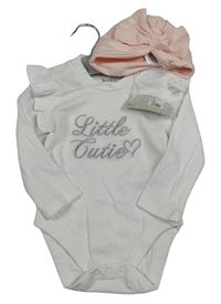 Nové - 2 set - biele rebrované body s nápisem + svetloružová turbanová čapica s mašlou River Island