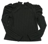 Černé žebrované úpletové triko s nabíranými rukávy shein