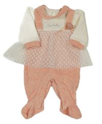 Růžovo-bílý sametový overal s nápisem a tylovým prvkem 