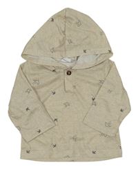 Béžové melírované triko s ptáčky a kapucí 