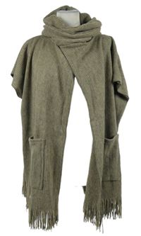 Dámsky béžovo-sivý rebrovaný svetrový cardigán s komínovým golierom a strapcemi