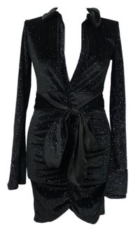 Nové - Dámské černé třpytivé sametové šaty s páskem Boohoo 