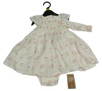 3set- biele žavičkové plátenné šaty so zvířátky+ kalhotky+ čelenka Mothercare