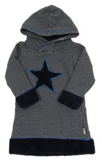 Tmavomodro-šedé pruhované teplákové šaty s hvězdičkou a kapucí jako-o