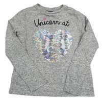 Sivý melírovaný ľahký sveter so srdíčkem/jednorožcem z překlápěcích flitrů Primark