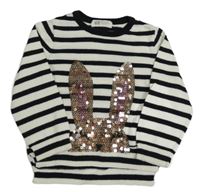 Čierno-biely pruhovaný sveter so zajícem z flitrů H&M